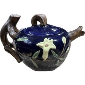 Wanjiang Nouveau Majolica Teapot Ceramic Cobalt Blue W/Branch Handle Vintage